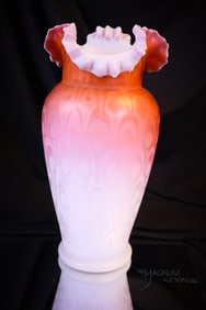 11 3/4" Victorian Orange Peacock Eye Mother of Pearl Satin Glass Vase