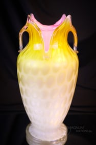 Rare Victorian Golden Mother of Pearl Glass Pink Cased Vase