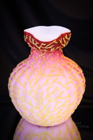 Very Rare Craquelle Stripe Mother of Pearl Victorian Satin Glass Coralene Decorated Vase.