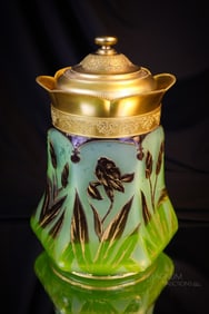 Victorian Rare Vaseline Cranberry Gilt French Cameo Glass Potpouri Jar