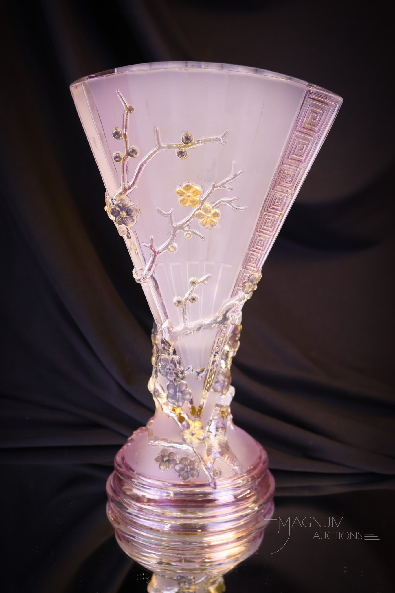 Baccarat Japonisme Victorian Art Glass Vase: A wonderful addition to any collection. This is a Baccarat Japonisme fan vase decorated with Sakura flowers and foliage. This vase measures 10" tall and 5 1/8" wide. Shipping: At checkout, select "Arr