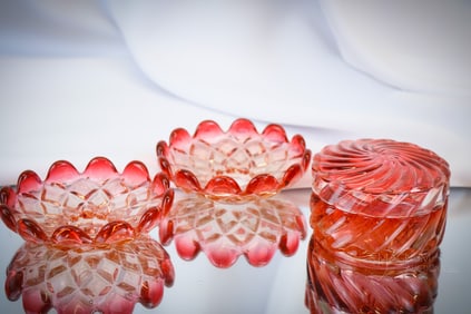 3 pc Lot Baccarat Rose Tiente Bobeches and Covered Jar