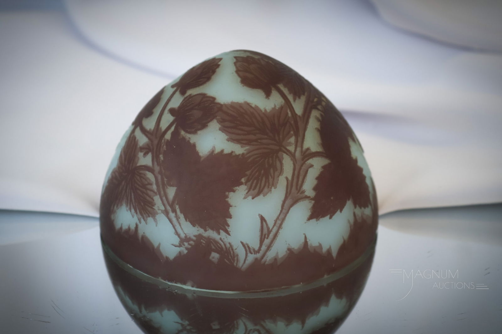 Loetz Richard Cameo Glass Floral Miniature lamp Shade: A fine and hard-to-find Loetz Richard cameo glass shade for a miniature lamp. This shade is decorated with florals in colors of blues and browns. The shade measures 2 3/4" tall and 4 1/2" in diameter.