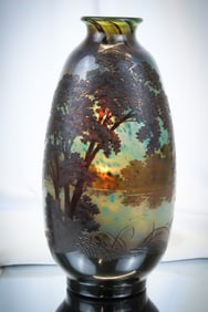 Rare 13 1/4"Mottled French Galle' Cameo Woodland Scene Art Glass Vase