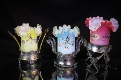 3 pc Lot Victorian Silverplate Satin Art Glass Toothpick Holders