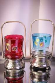 2 pc Lot Victorian Silverplate & Cranberry & Blue Enameled Glass Toothpick Holders