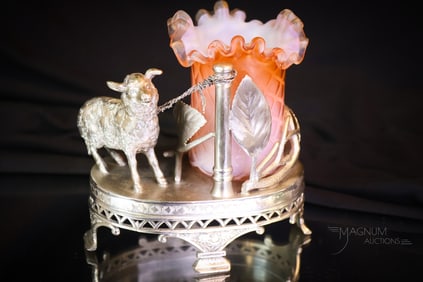 Hartford Victorian Figural Silverplate & Mother of Pearl Art Glass Toothpick Holder