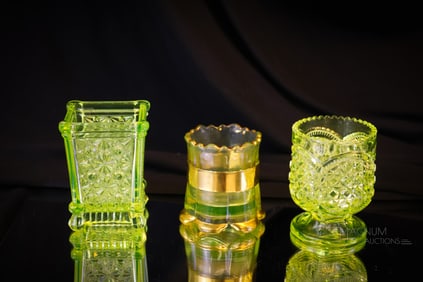3 pc Lot Victorian Vaseline Glass Toothpick Holders Greentown Riveside & More
