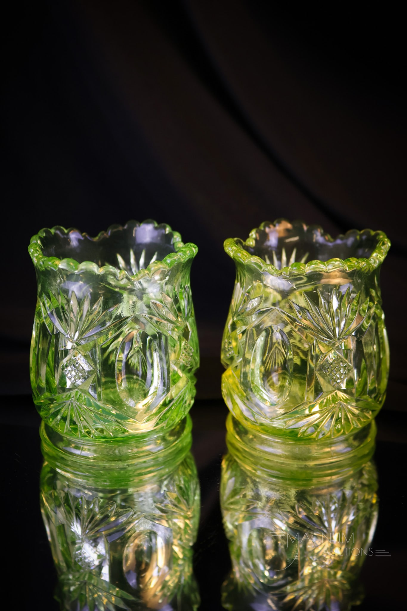 2 pc Lot Riverside Derby Victorian Vaseline Glass Tootpick Holders: Two unique colorations of the popular Riverside Victorian pattern Derby. Very unusual find in these two colors. Each measures 2 1/2" tall and 2" wide. Provenance: This item is from the private collect