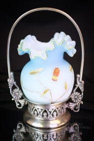 Aurora Silverplate Victorian Art Glass Beetle Enameled Toothpick Holder