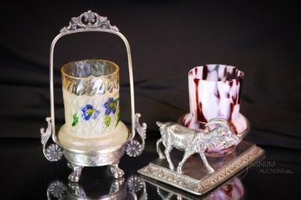 2 pc Lot Aurora Silverplate Victorian Art Glass Toothpick Holders
