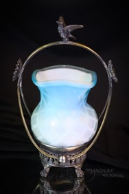 Aurora Silverplate Victorian Mother of Pearl Art Glass Toothpick Holder