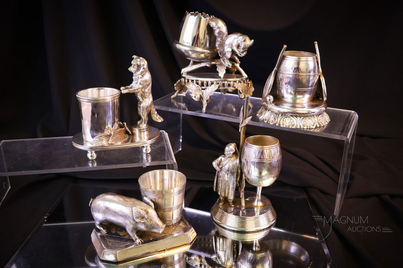 5 pc Lot Figural Silverplate Victorian Toothpick Holders: Five fine finds in figural Victorian silverplate toothpick holders. These are made by various makers of the day. There is a Pairpoint squirrel. A Stix & L'Allomen Tennis ball & Racket. A Rogers Orient