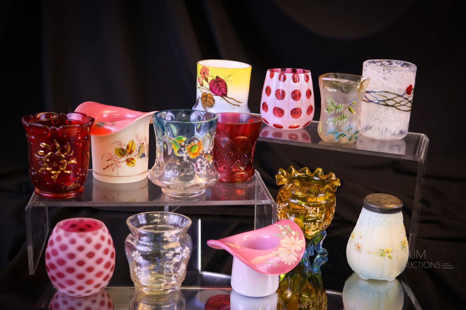 13 pc Lot Victorian & More Glass Toothpick Holders: Thirteen nice examples of Victorian and contemporary toothpick holders for your bidding pleasure. This lot includes so much and yet. There is one salt shaker also in the offering. The lot includes two