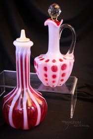 2 pc Lot Fenton L.G. Wright Cranberry Opalescent barber Bottle & Cruet