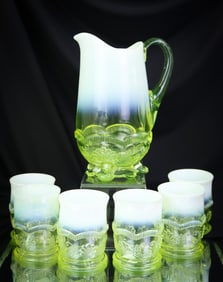 7 pc Albany Wreath & Shell Vaseline Uranium Victorian Opalescent Glass Water Set