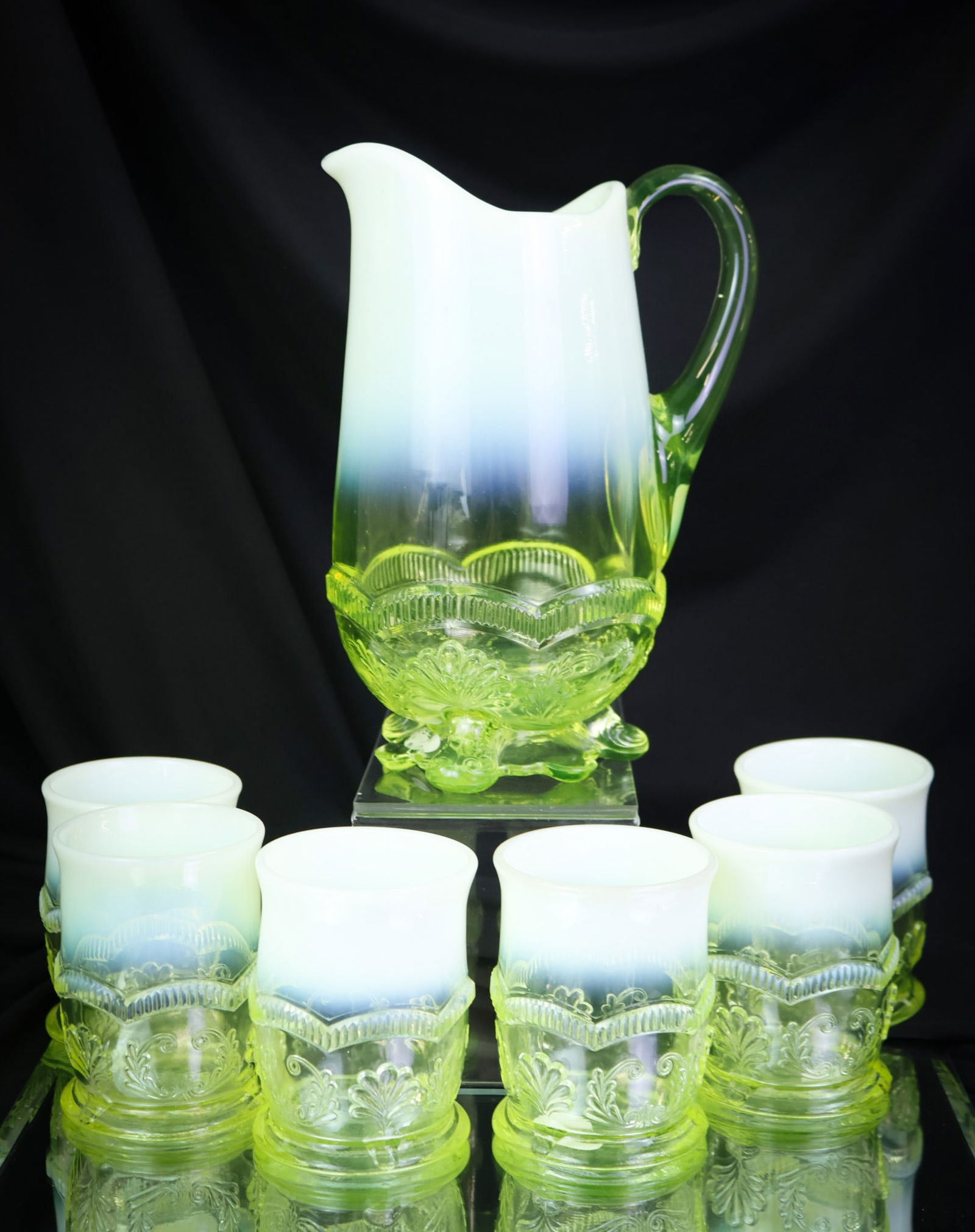 7 pc Albany Wreath & Shell Vaseline Uranium Victorian Opalescent Glass Water Set: Vasies stand up and take note of this striking Victorian Albany glass Wreath and Shell pattern seven-piece water set. This set is in brilliant vaseline opalescent glass. A fantastic find for any colle