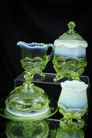 Vaseline Uranium Opalescent Albany Wreath & Shell Victorian Glass Table Set