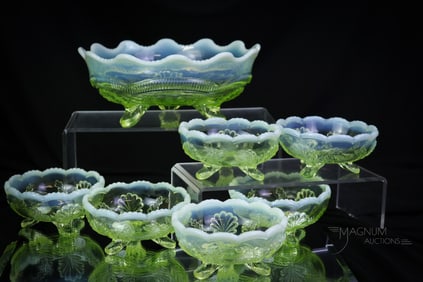 7 pc Set Vaseline Uranium Opalescent Albany Wreath & Shell Glass Berry Set