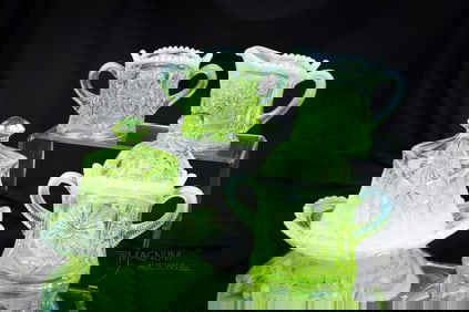 Northwood Sunburst on Shield Vaseline Uranium Opalescent Glass Table Set