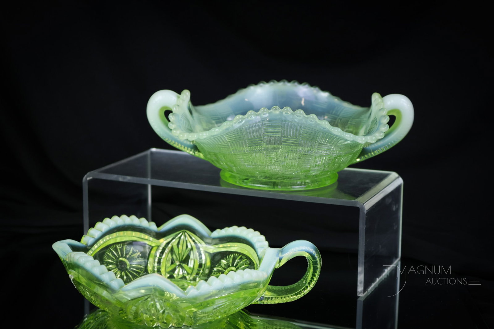 2 pc Lot Northwood Vaseline Uranium Opalescent Glass Nappies: Two wonderful finds of Victorian nappies. Both were made by Northwood in vaseline opalescent glass. One is a Sunburst on Shield. The other is a Grape and Cable. The tallest measures 2 1/2". SHIPPING N