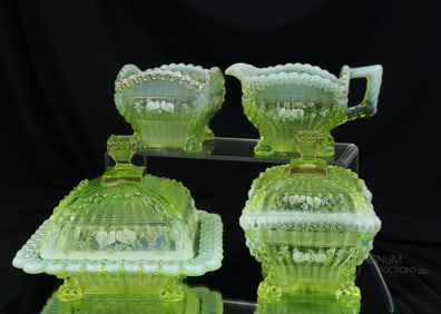 Victorian Vaseline Uranium Opalescent Northwood Glass Alaska Decorated Table Set