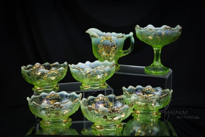 7 pc Northwood Everglades Vaseline Uranium Opalescent Glass