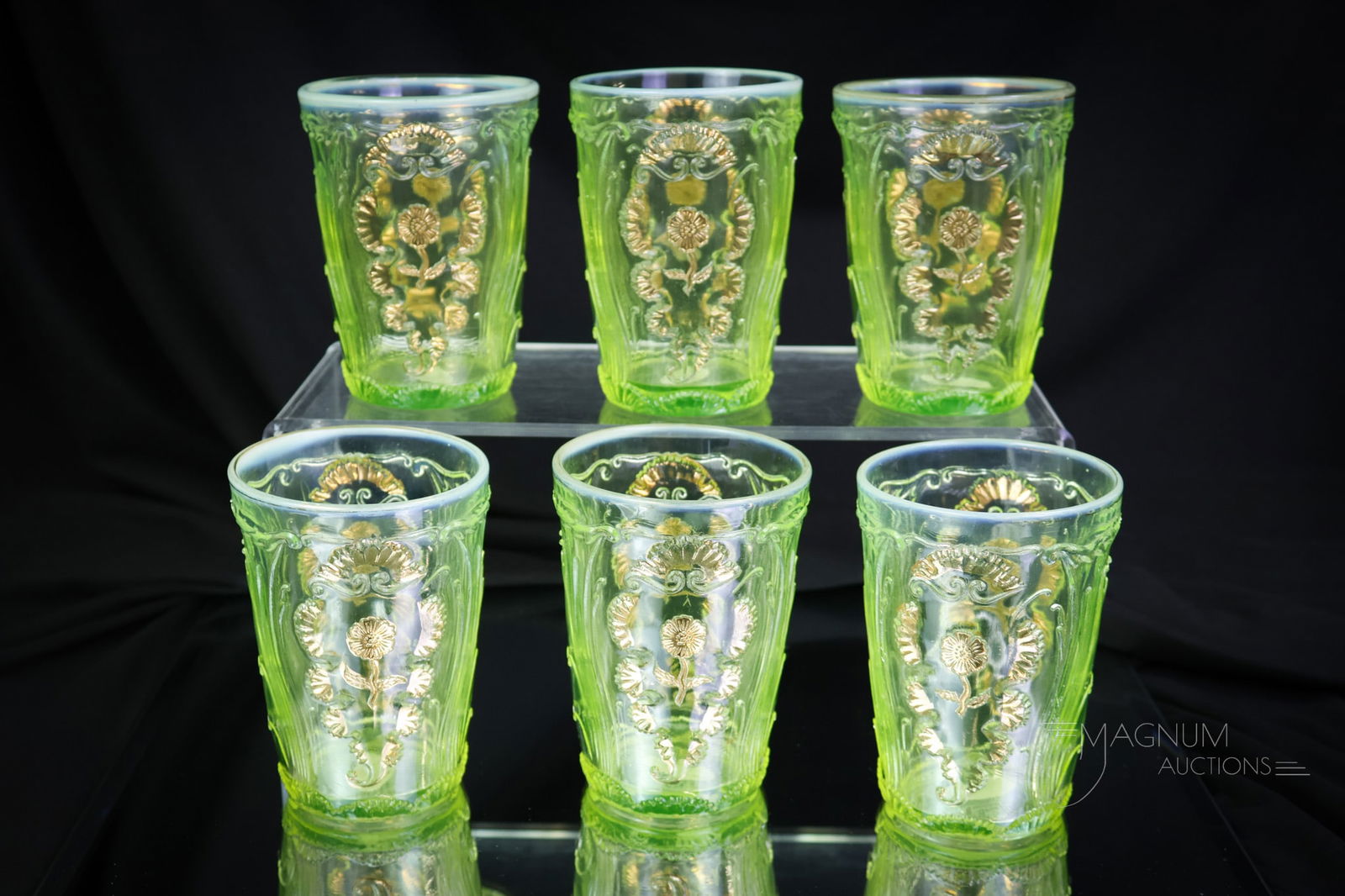 6 pc Set Victorian Vaseline Opalescent Decorated Glass Everglades Tumblers: Six superb examples of Victorian vaseline glass Northwood Everglades pattern tumblers. Each with brilliant color and fine opal. Each measures 4" tall. SHIPPING NOTICE: If you choose not to utilize the