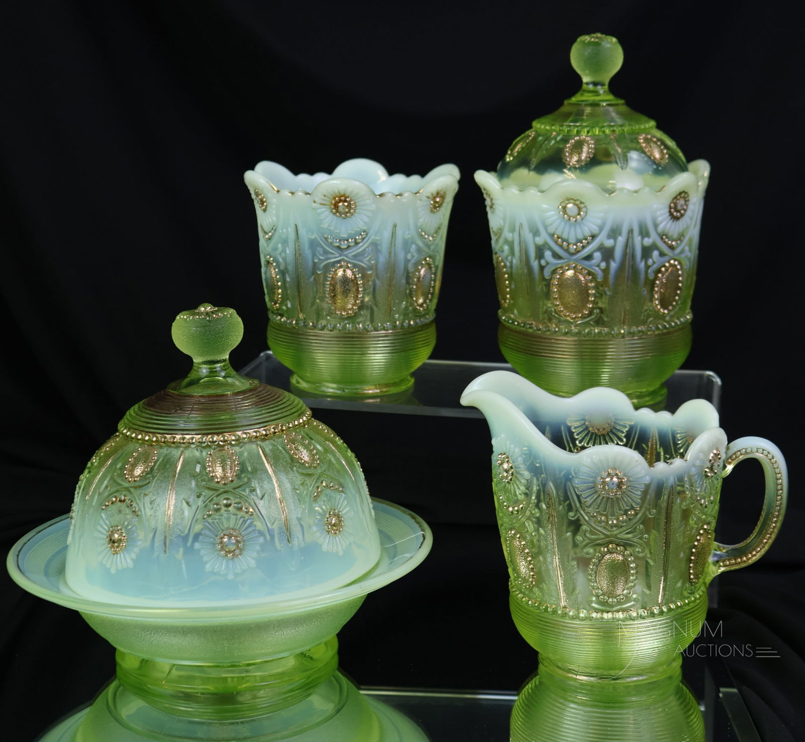 Northwood Jewel & Flower Vaseline Uranium Opalescent Glass Table Set: A wonderful find in our lineup of Victorian vaseline opalescent glass. This set is marvelous and highly collectible. Superb color and great opal and decoration make this a must-have set for your colle