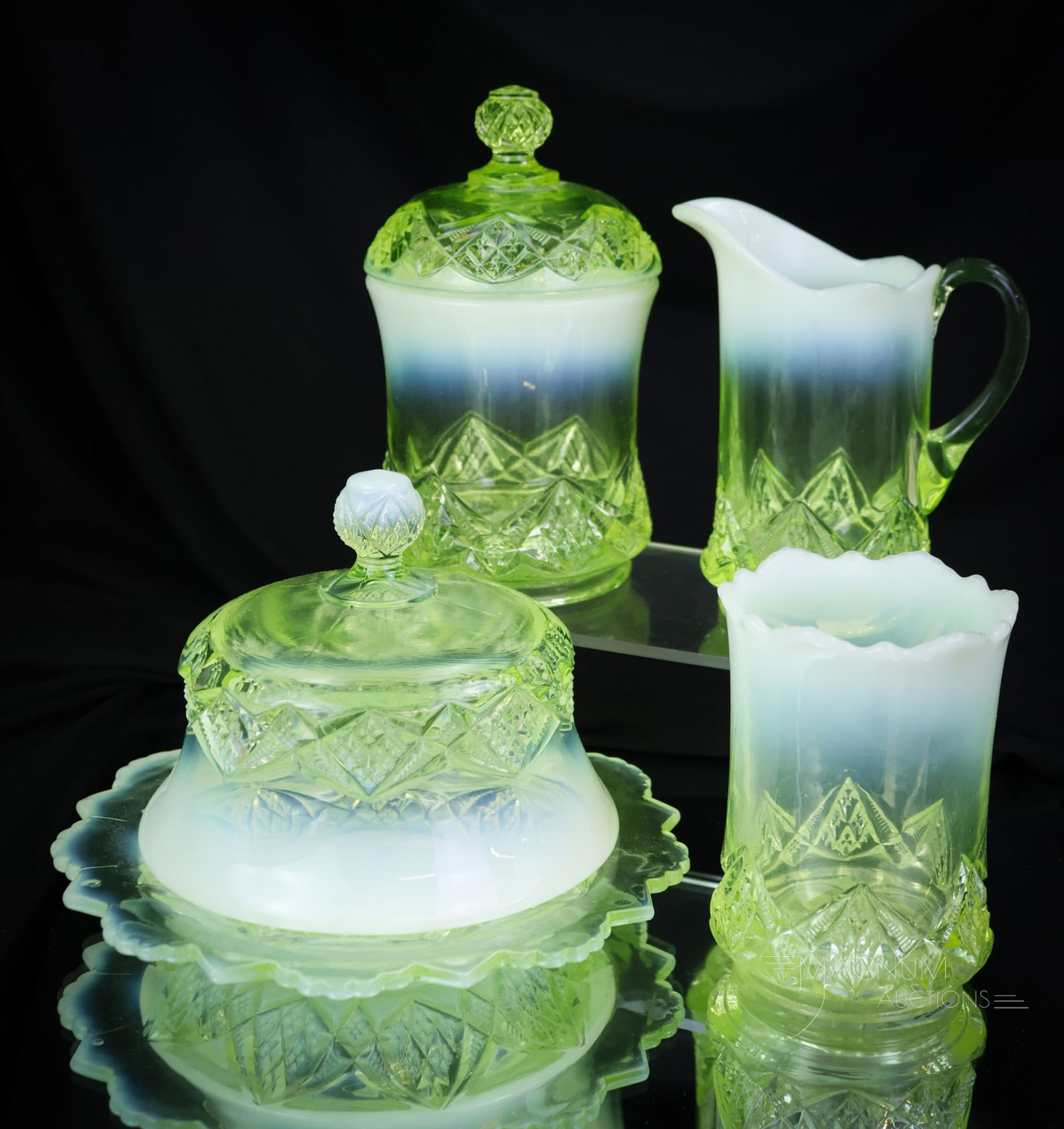 Vaseline Uranium Opalescent Glass Diamond Spearhead Table Set: A striking Vaseline Opalescent Victorian table set in rich vaseline glass. This set is in the Diamond Spearhead pattern. Does it get any better than this? The tallest of the offerings measures 7". Cre