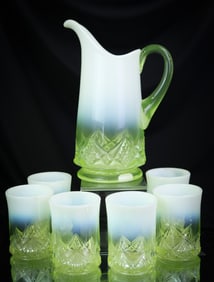 7 pc Northwood Diamond Spearhead Vaseline Uranium Opalescent Victorian Water Set