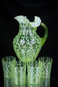 5 pc Northwood Spanish Lace Vaseline Uranium Opalescent Victorian Glass Water Set