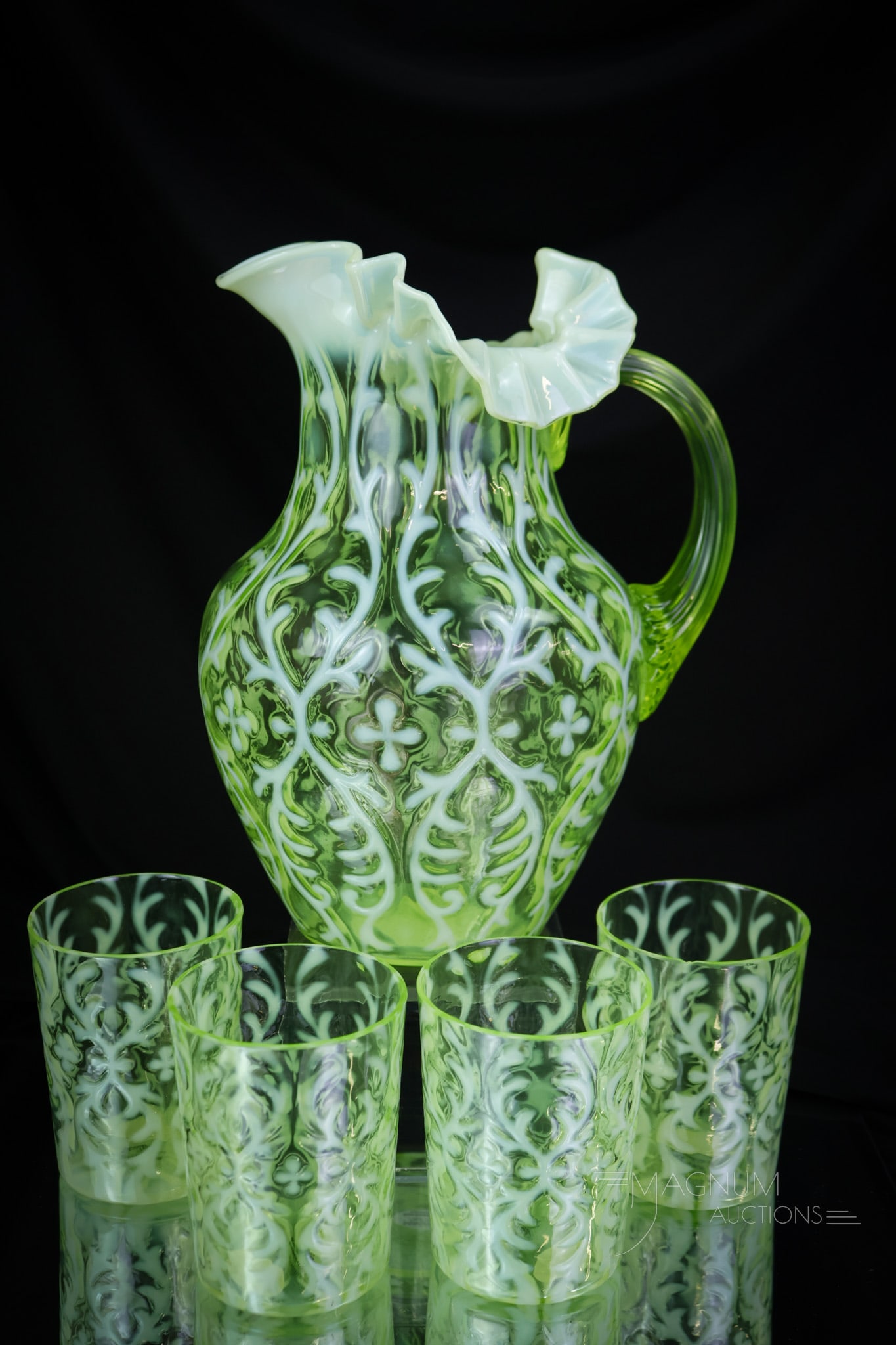 5 pc Northwood Spanish Lace Vaseline Uranium Opalescent Victorian Glass Water Set: A beautiful Victorian water set in vaseline opalescent Northwood glass. This set is in the Spanish Lace pattern. A fine example. The tallest measures 10" tall and 7 1/4" wide. One tumbler exhibits min