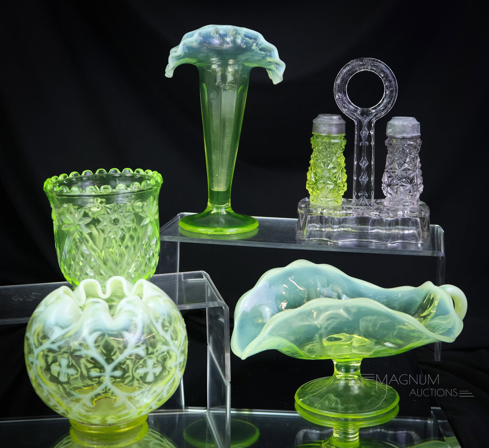 5 pc Lot Vaseline Uranium Collectible Glass Fancies: Five finds in Victorian vaseline glass that are sure to please. This lot offers so much and yet…Who will be the lucky winner of these fineries? Will it be you? One pleasure after the next in vaselin