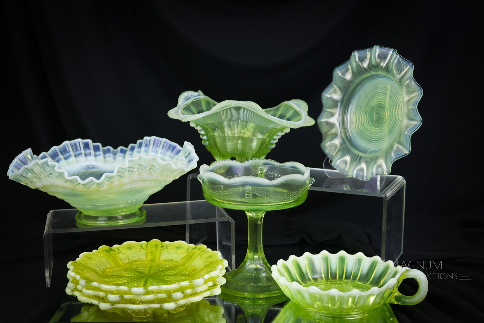 8 pc Lot Vaseline Uranium Opalescent Glass Indulgences Northwood Davidson Jefferson: A bounty of pleasures to fill your "glowy" cabinets. Vasies take note of the wonderful finds in this offering. Makers such as Northwood, Jefferson, Davidson, and more are found in this delectible lot.
