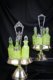 2 pc Lot Victorian Silverplate & Vaseline Uranium Glass Cruet Condiment Castor Sets