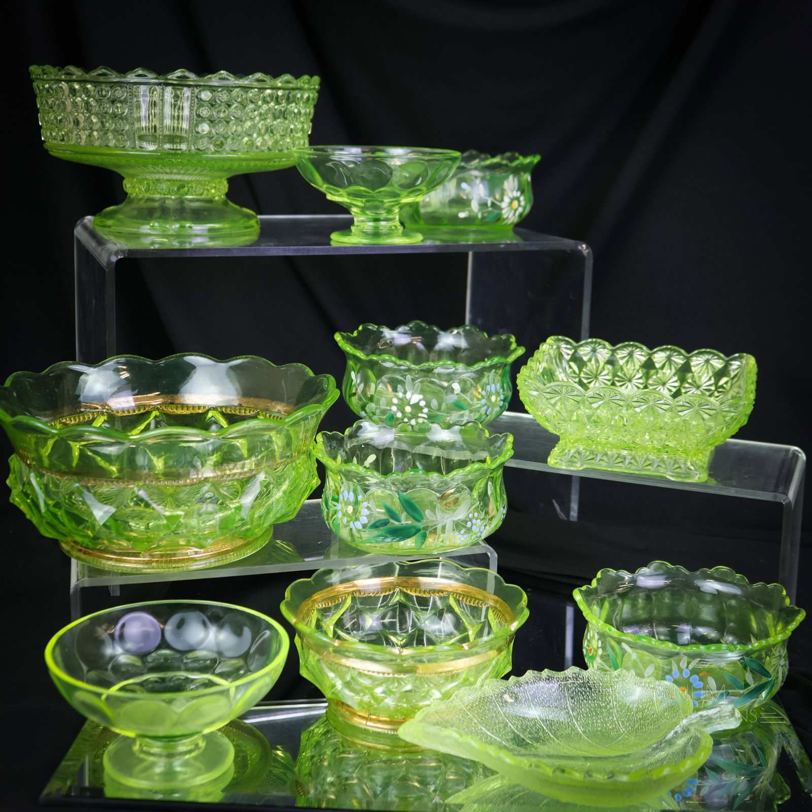 11 pc Lot Victorian Vaseline Uranium Glass Berry Bowls: A super find in a combined lot of Victorian fanciful vaseline glass. This lot is made up of various patterned berry bowls. Patterns include Inside Rib, Leaf, Columbia & so much more. Make way in the b