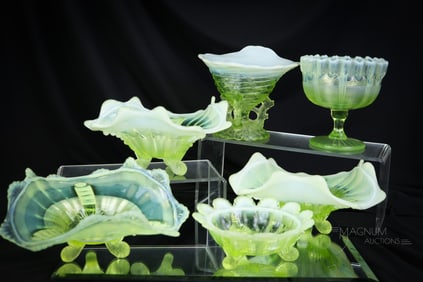 6 pc Lot Treasures to Fancy in Vaseline Uranium Glass