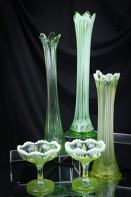 5 pc Lot Jefferson Vaseline Green Uranium Opalescent Glass Delights