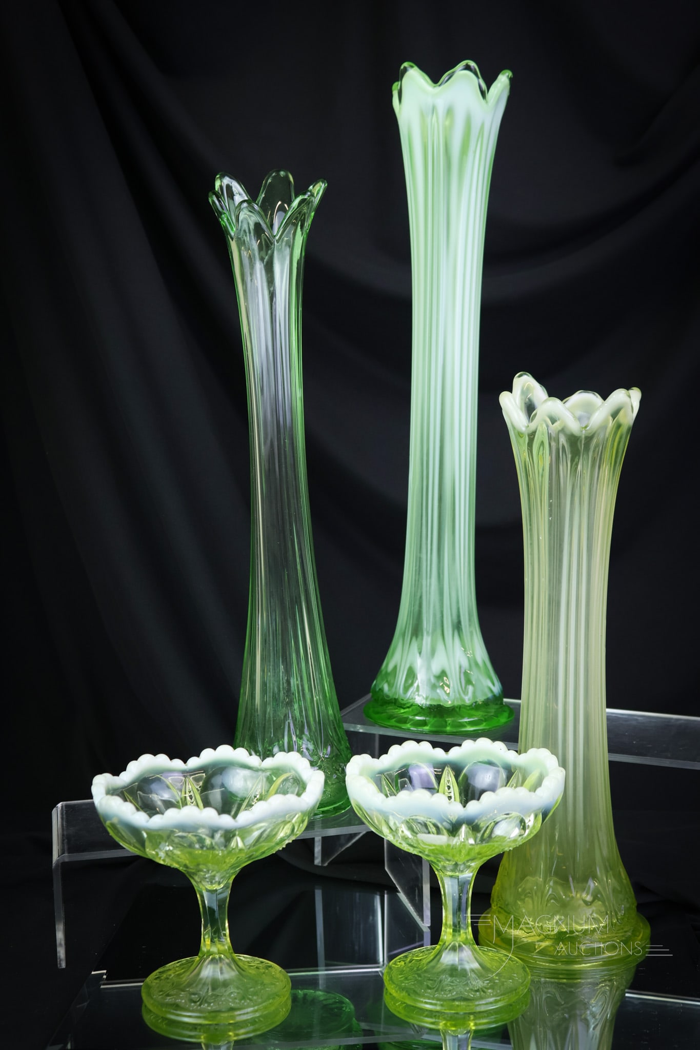 5 pc Lot Jefferson Vaseline Green Uranium Opalescent Glass Delights: Five selections in vaseline green uranium opalescent glass to delight the Uranie in your life. These are in Jefferson Iris with Meander pattern. One piece is as nice as the next. The tallest measures 