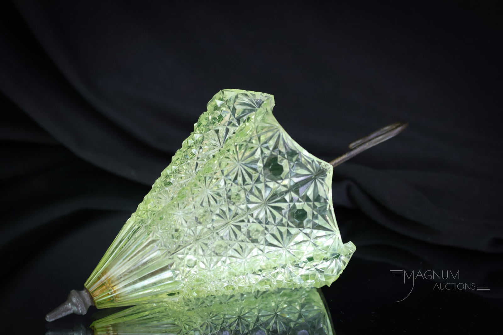 Rare Duncan Vaseline Uranium Glass Daisy & Button Match Holder: Who will be the lucky owner of this select find. This hanging umbrella match holder is a Vasie dream come true. This will make you all hot and bothered. The umbrella is in the Daisy & Button pattern i