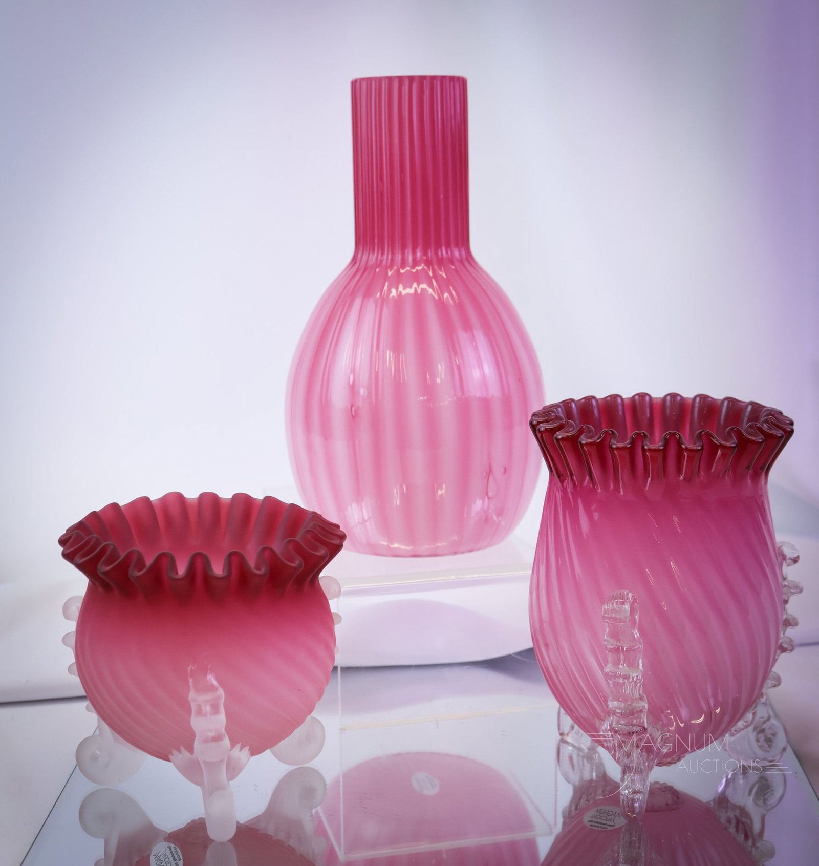 3 pc Lot Hobbs Neaploitan & More Victorian Glass: Three delights to behold in this generous offering of glass. The lot includes a Hobbs Neapolitan celery vase along with a spooner. Both of these have the traditional applied rigaree feet. These are jo