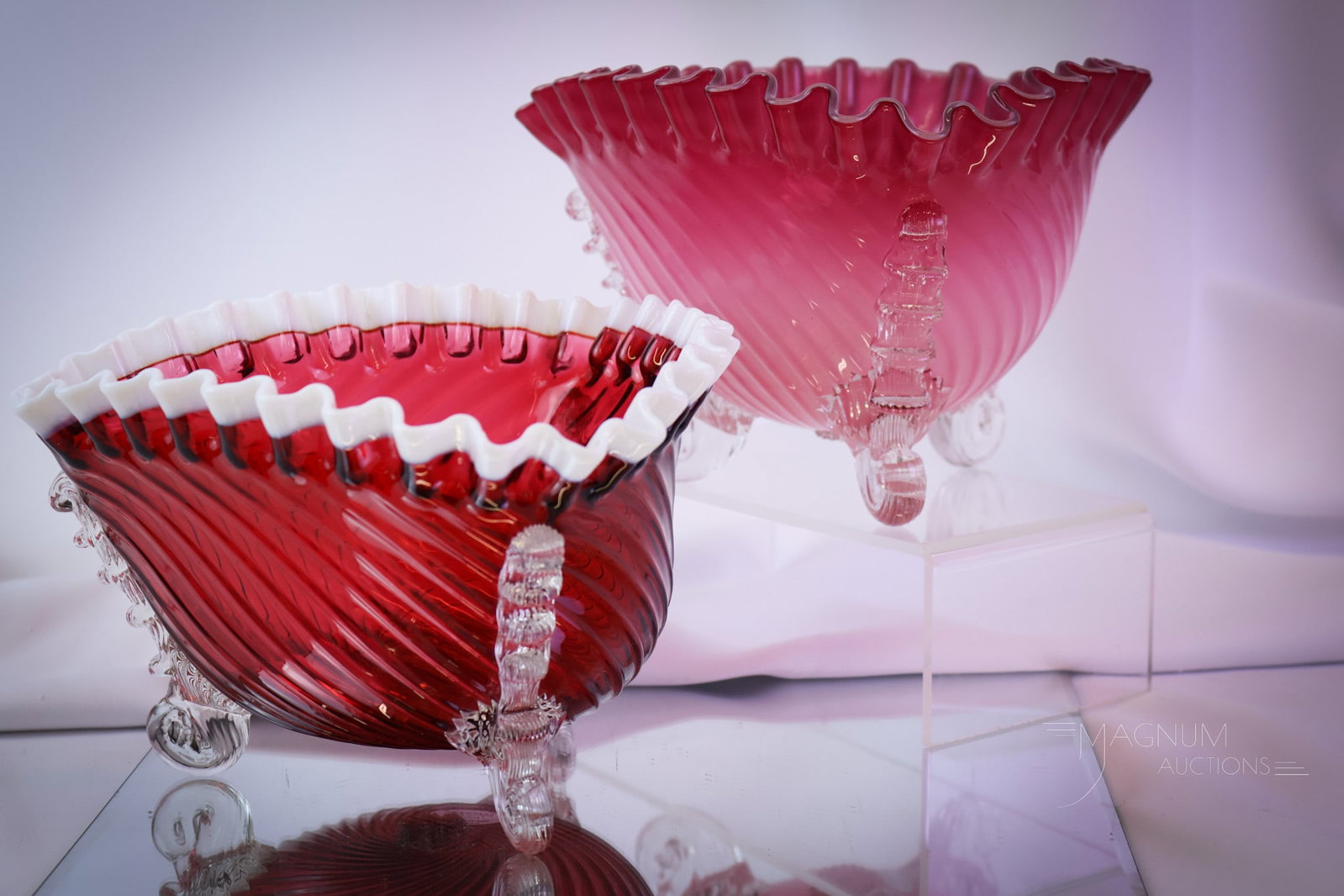 2 pc Lot Hobbs Neapolitan Victorian Glass Bowls: Two distinct examples of Victorian Hobbs glass bowls are bound to create bidding excitement. These highly collectible and colorful bowls are a shear pleasure to look at. The tallest measures 5 1/2". S