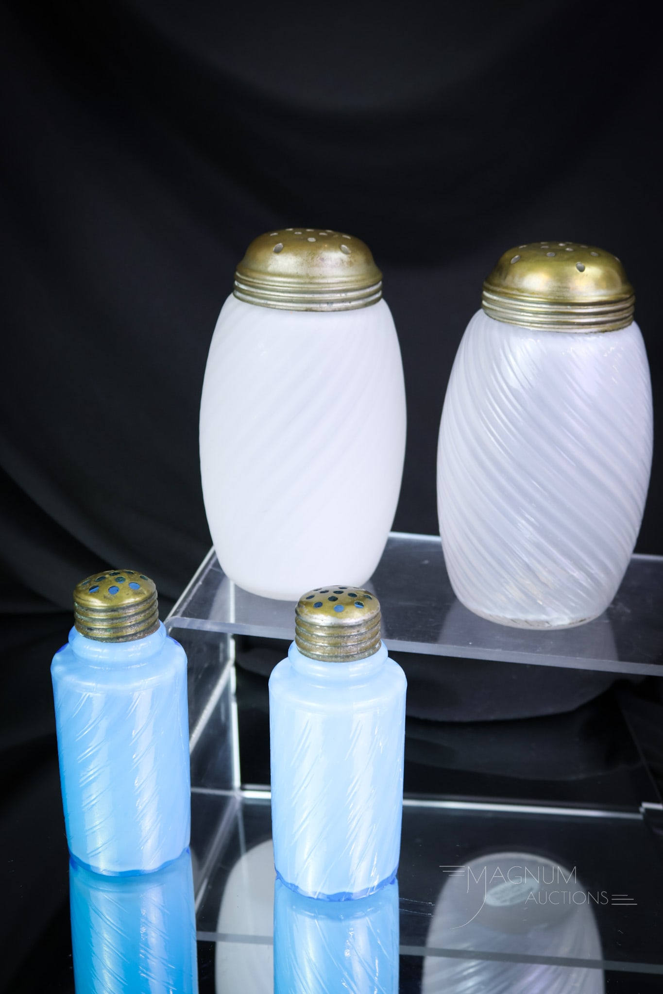 4 pc Lot Hobbs Victorian Satina Swirl Glass: Four fine examples for your bidding pleasure. This lot includes varying colors and forms of Hobbs' famous Satina Swirl pattern. The tallest measures 5". SHIPPING NOTICE: If you choose not to utilize t