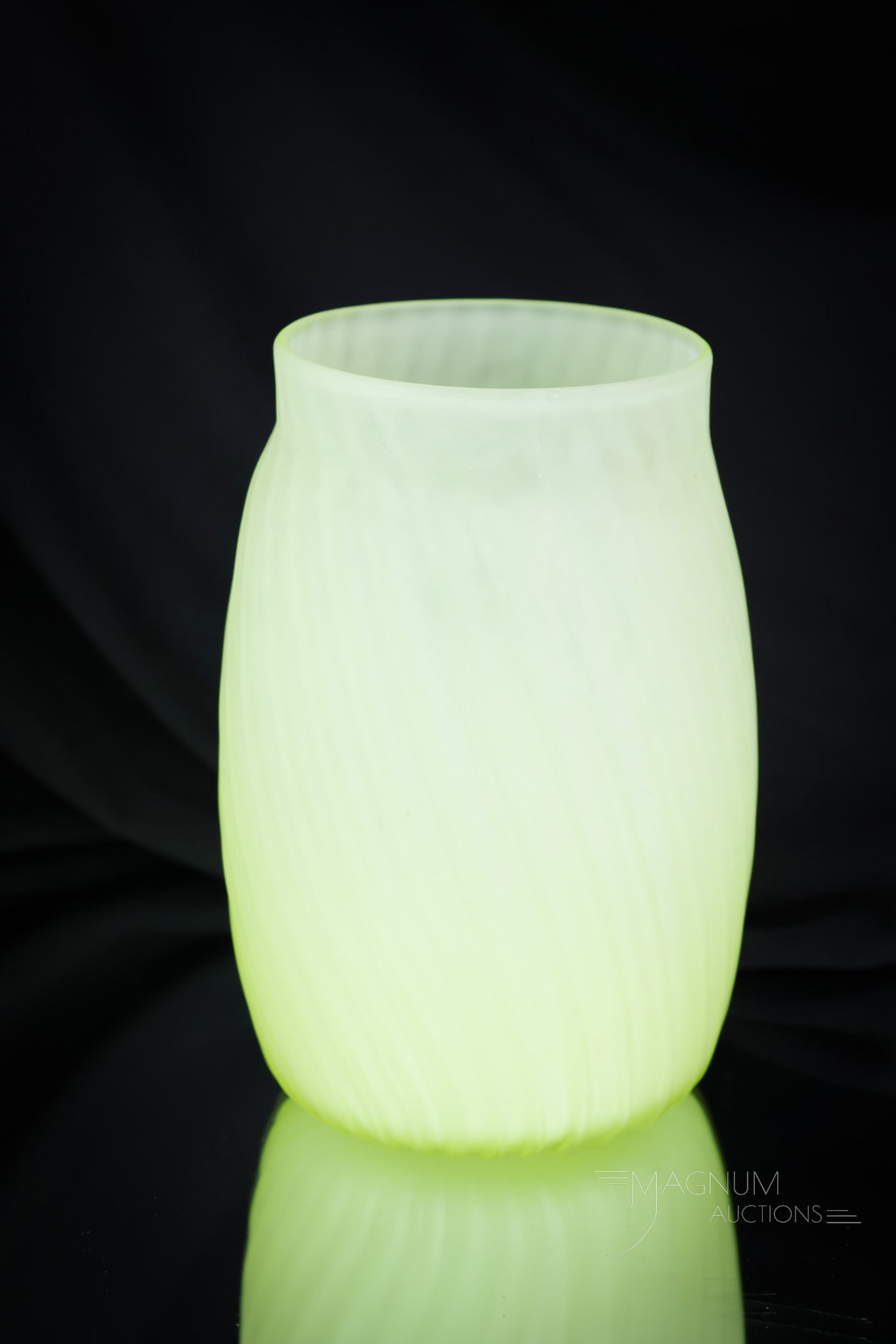 Hobbs Victorian Vaseline Uranium Glass Celery Vase: Uranies make sure to bid on this fantastic find in vaseline uranium glass. This is a celery vase made by Hobbs in the Satina Swirl pattern. A rare find for the best of the best of collections! Set you