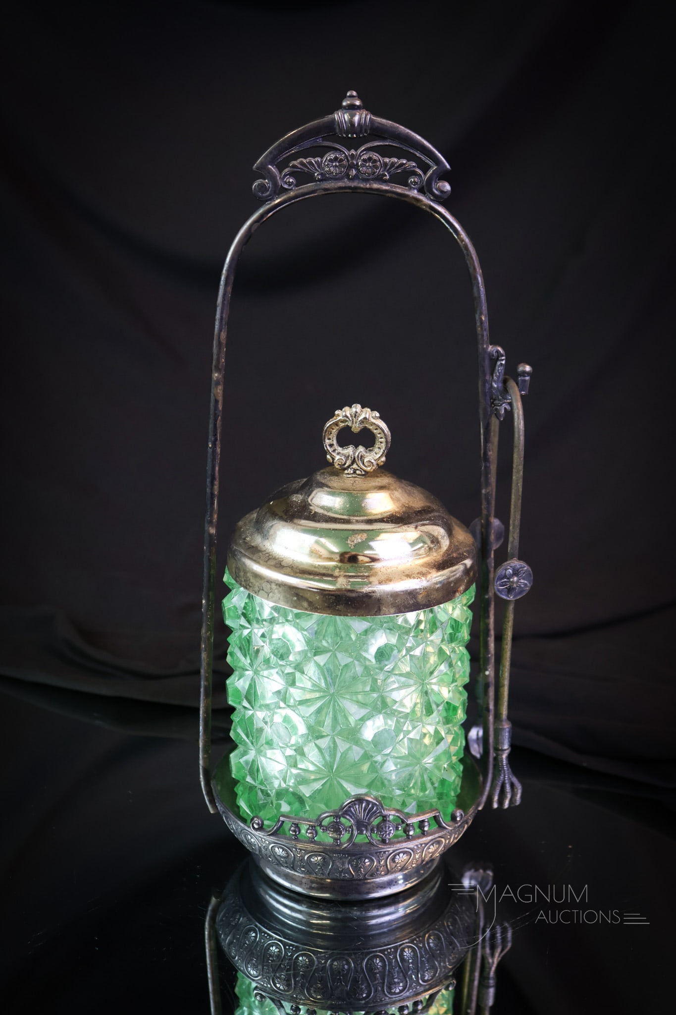 Hobbs Marine Green Uranium Glass Tufts Silverplate Victorian Pickle castor: What a glowing find this is. This is a pickle castor in Marine green. The jar glows brightly under black light. The holder is marked Tufts Silverplate. The castor measures 11" tall. SHIPPING NOTICE: I