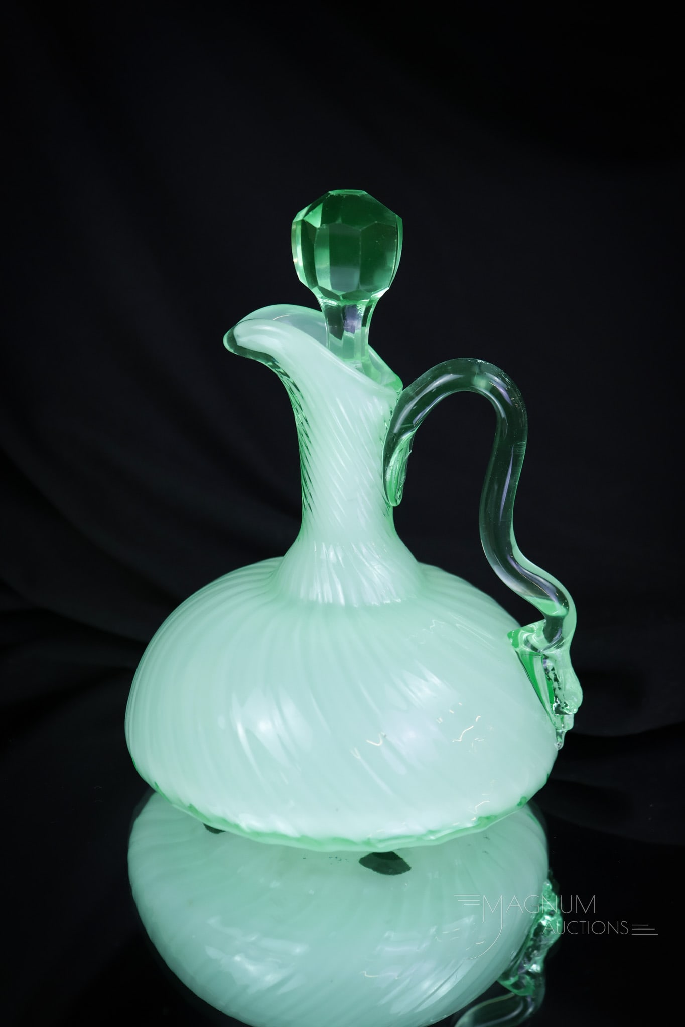 Hobbs Uranium Green Cased Victorian Cruet: Another rare find for the cruet and Vasie collector alike. Who will win this bidding war for this rare cruet? This super find was made by Hobbs and is the Swansbill or Satina Swirl pattern. It is thei