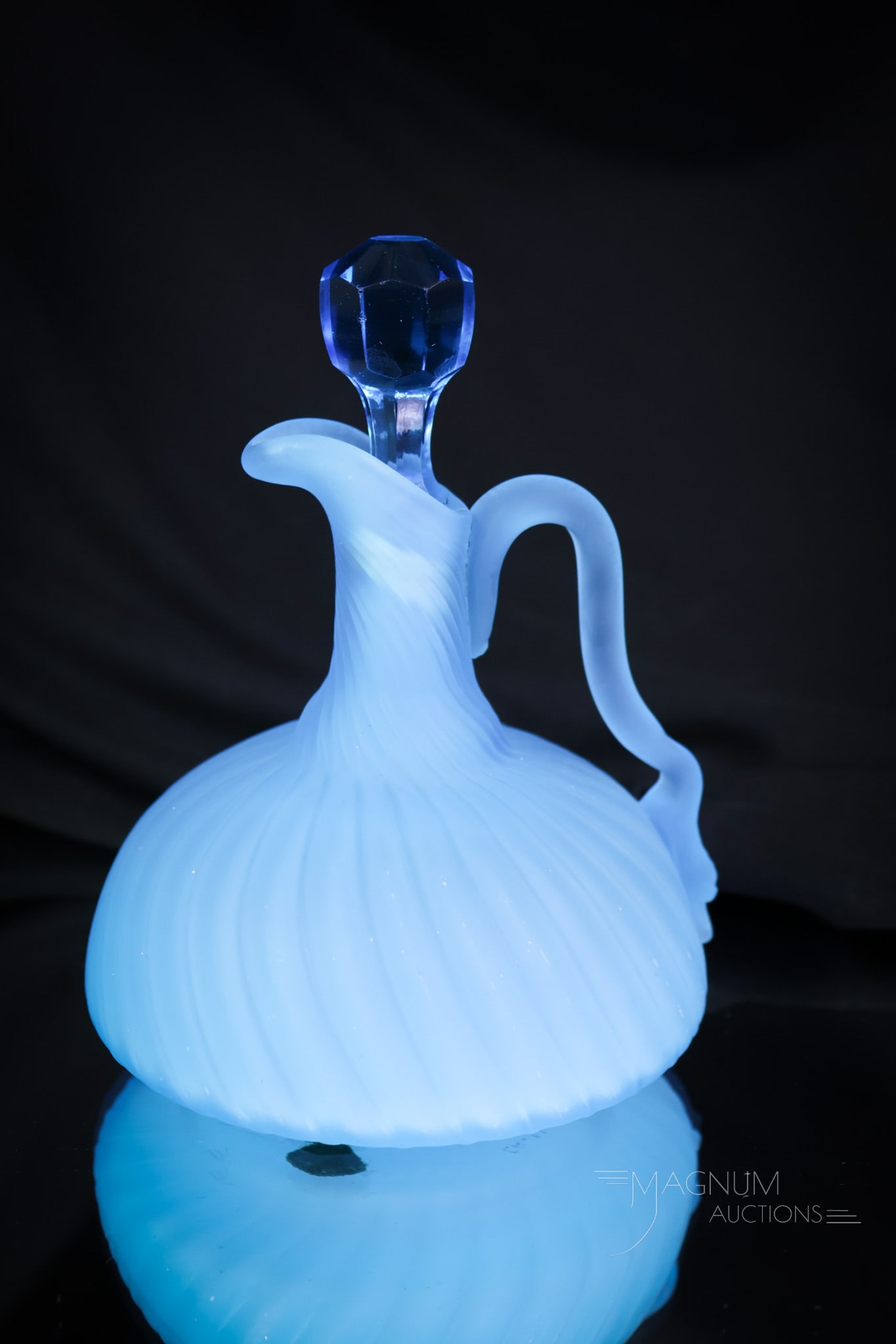Hobbs Victorian Glass Satina Swirl Cruet: A beautiful and collection-enhancing find for your bidding pleasure. This striking cruet was made by Hobbs. It is in the Satina Swirl pattern or otherwise known as a Swansbill cruet. Great vivid color