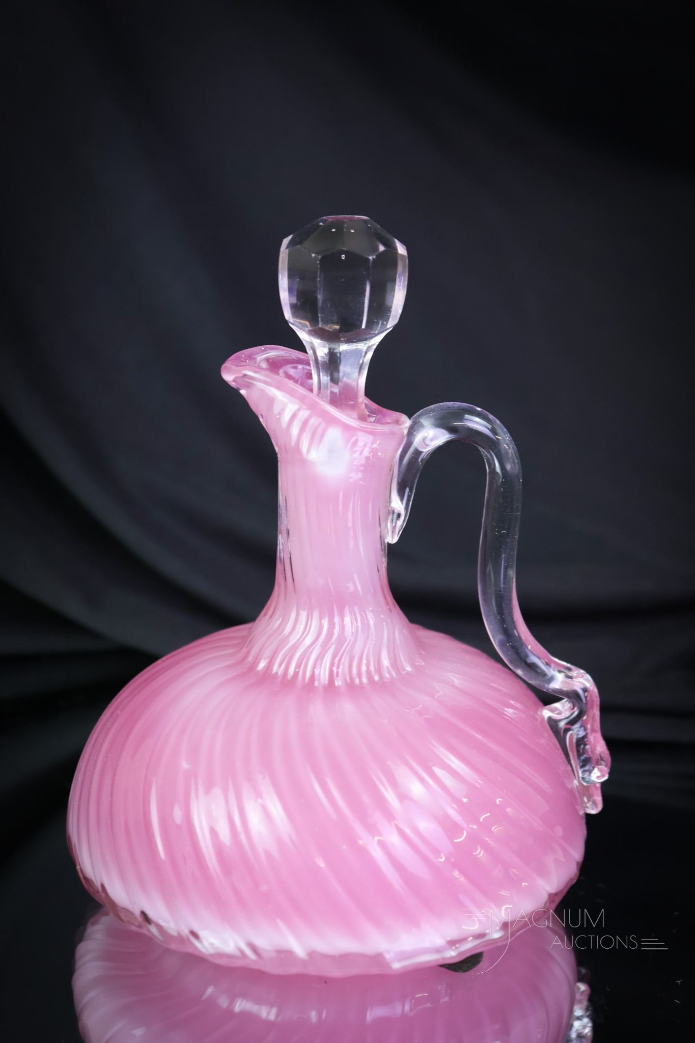 Hobbs Victorian Satina Swirl Glass Cruet: This is a fine example. This cruet by Hobbs is yet another coloration it was made in. This one in a deep pink cased glass. A great example all of the way around. This cruet measures 5 1/2" tall. SHIPP