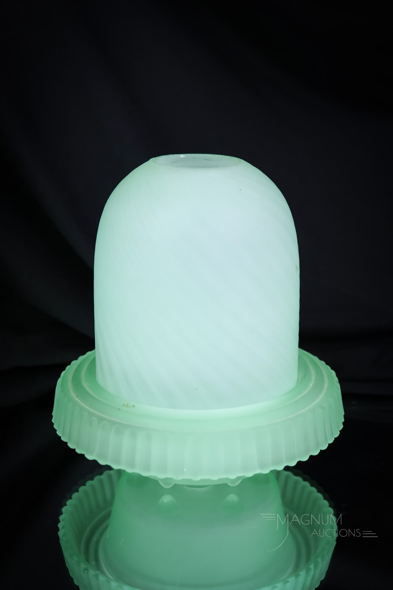 Hobbs Uranium Marine Green Victorian Glass Fairy lamp: A super find in Victorian Hobbs glass. This is a fairy lamp in the Satina Swirl pattern in uranium-rich Marine green glass. This elusive fairy lamp is a coveted coloring. The lamp measures 5 1/2" tall